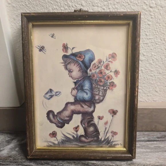 Vintage Bessie Pease Gutmann Print Boy w Flowers Evans Framed Nursery 7x9 - Picture 1 of 9